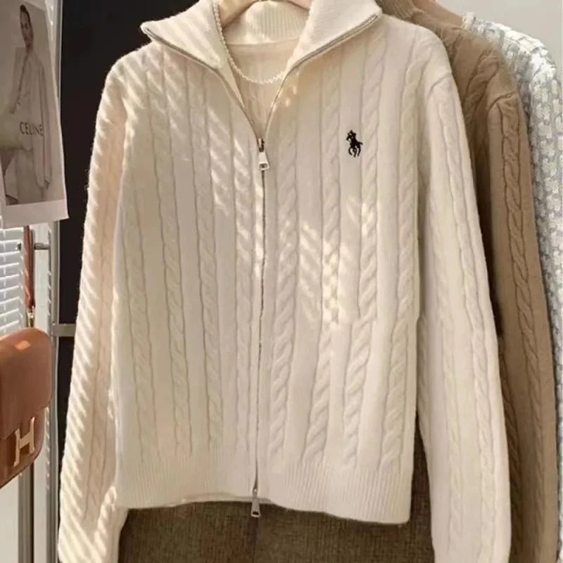 Ralph Lauren Cable Knit Zip-Up Sweater - Ivory with Pony Logo