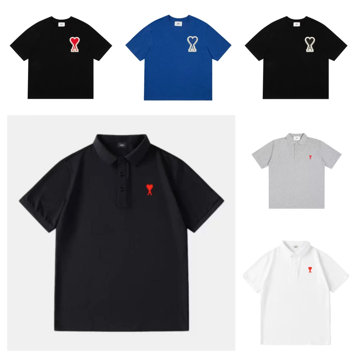 Ami Paris Heart Logo Polo Shirt - Black with Red Embroidery