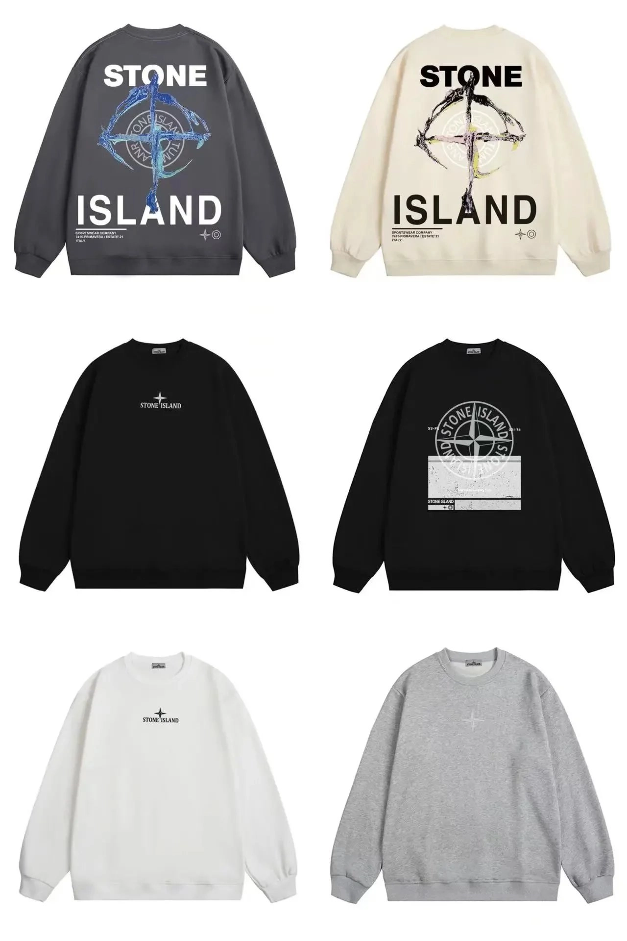 Stone Island Compass Cross Graphic Crewneck Sweatshirt - Charcoal Blue Print