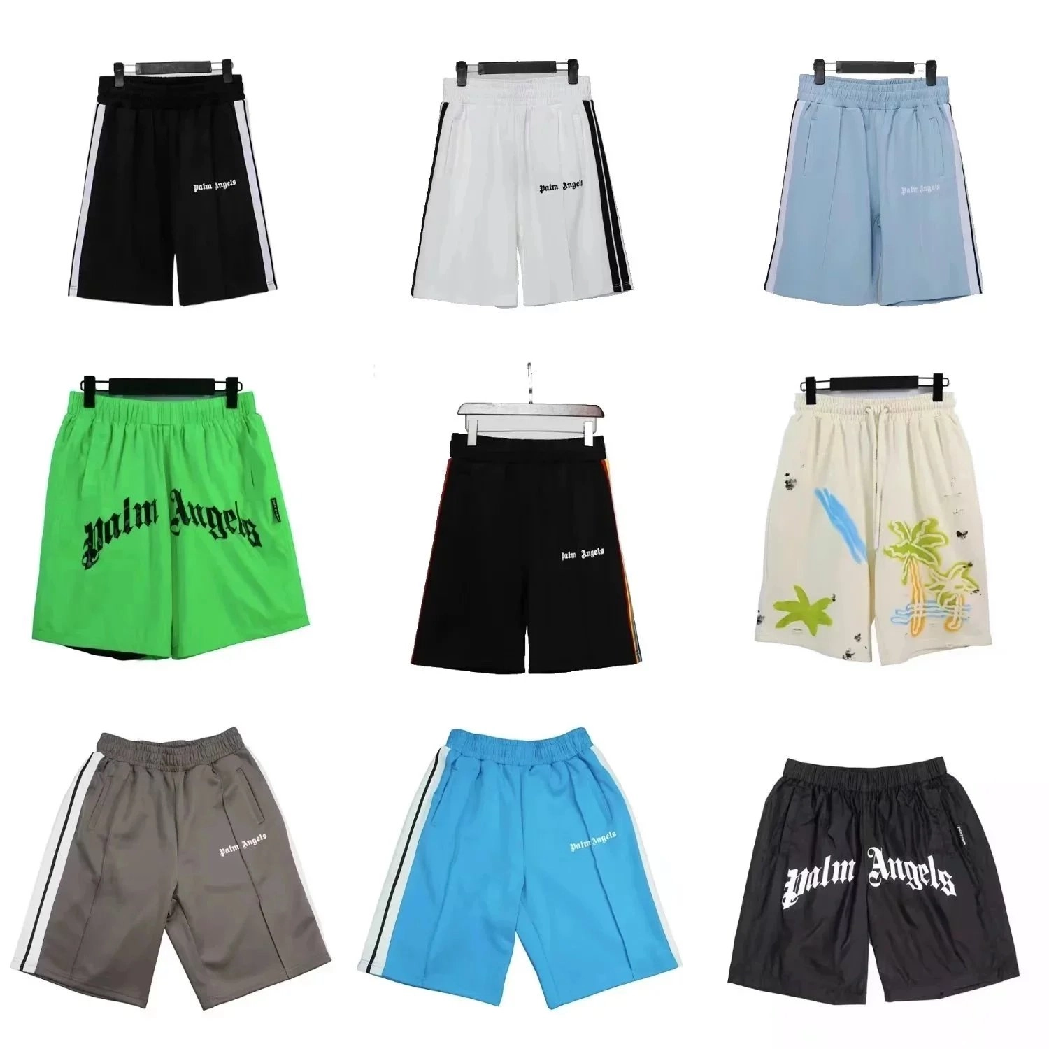 Palm Angels Gothic Logo Neon Green Shorts with Side Stripes