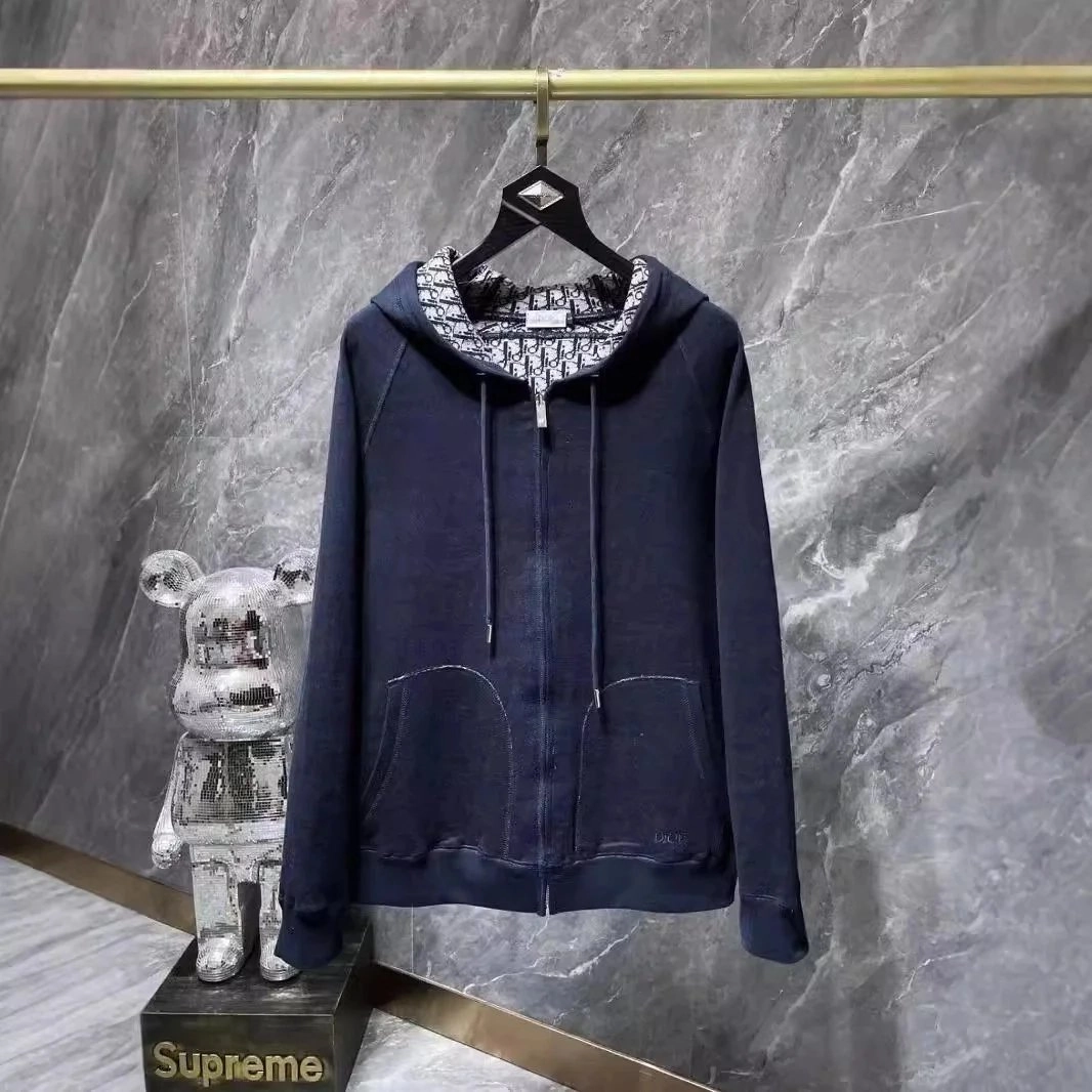 Dior Oblique Print Hooded Zip-Up Sweatshirt Navy Blue
