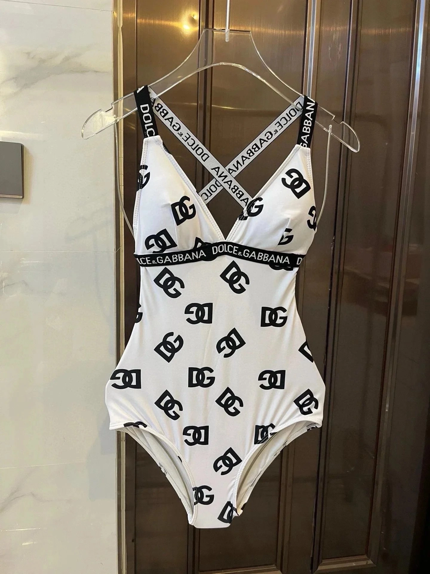 Dolce & Gabbana Logo-Print White One-Piece Swimsuit with Cross Straps