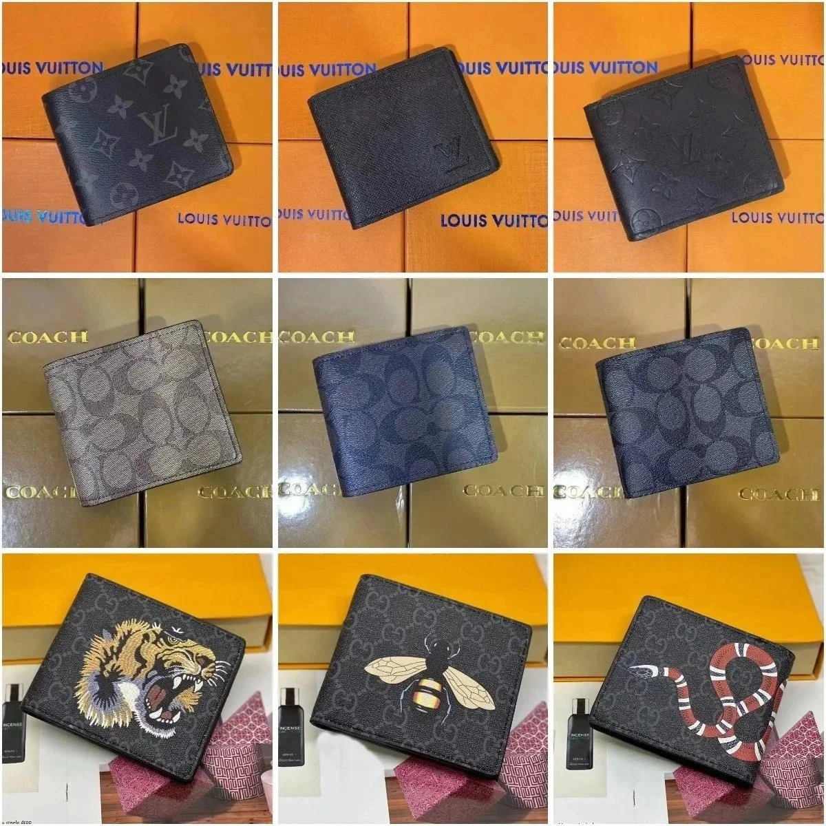 LV Monogram Black Bifold Wallet, Coach Signature Gray Navy, Gucci Tiger Bee Snake Print