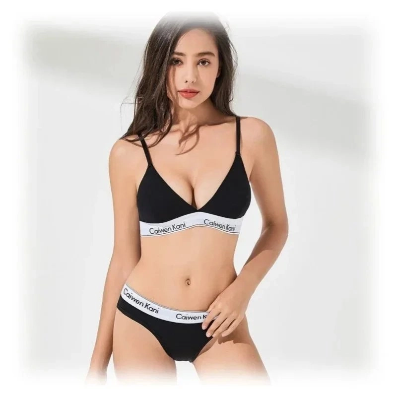 Caiwen Kani Black Triangle Bra and Brief Set with Logo Waistband