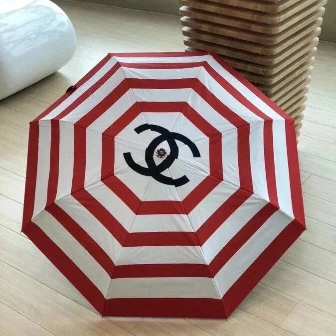 Chanel Red and White Striped Umbrella with CC Logo
