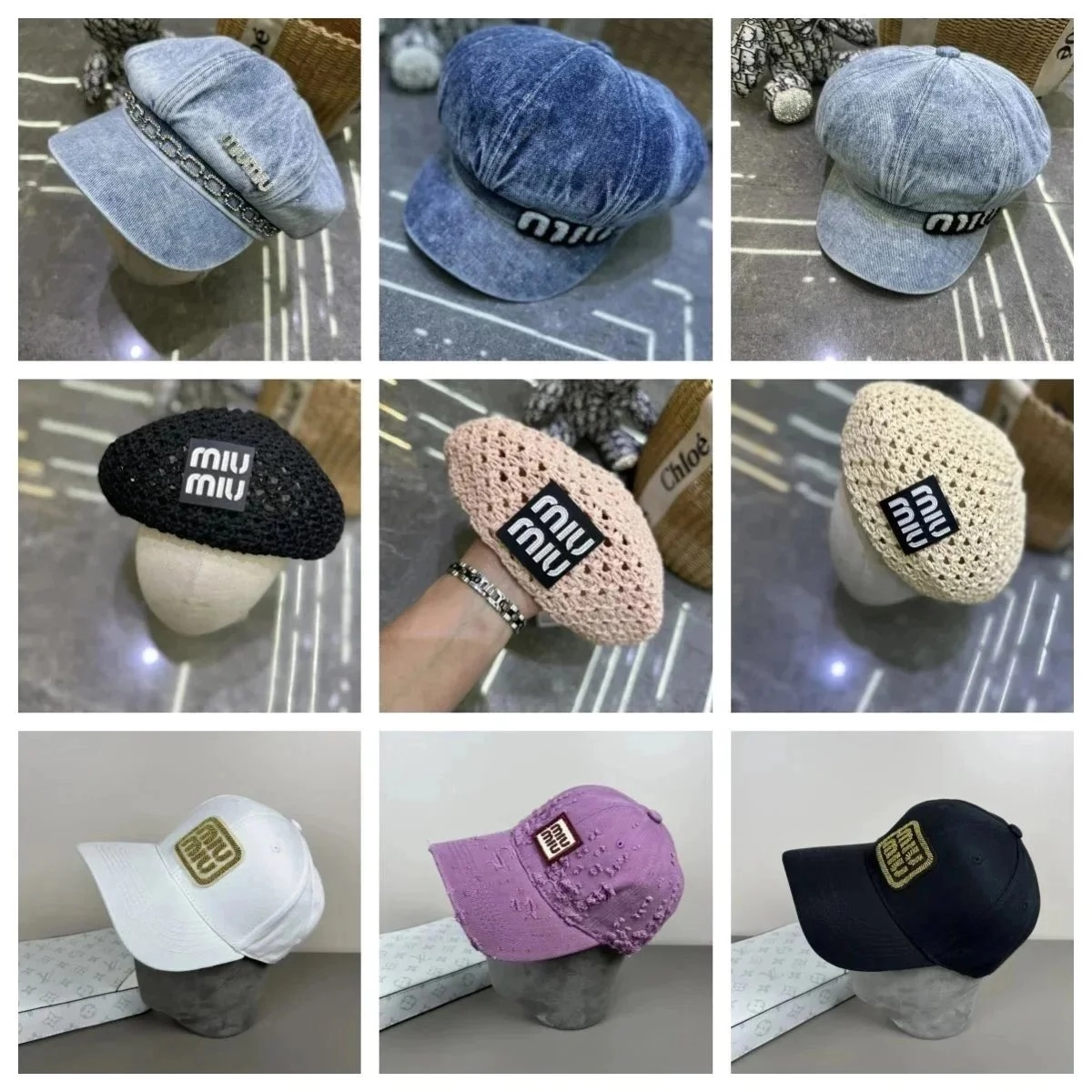 Miu Miu Denim Baker Boy Cap with Chain Detail Light Blue