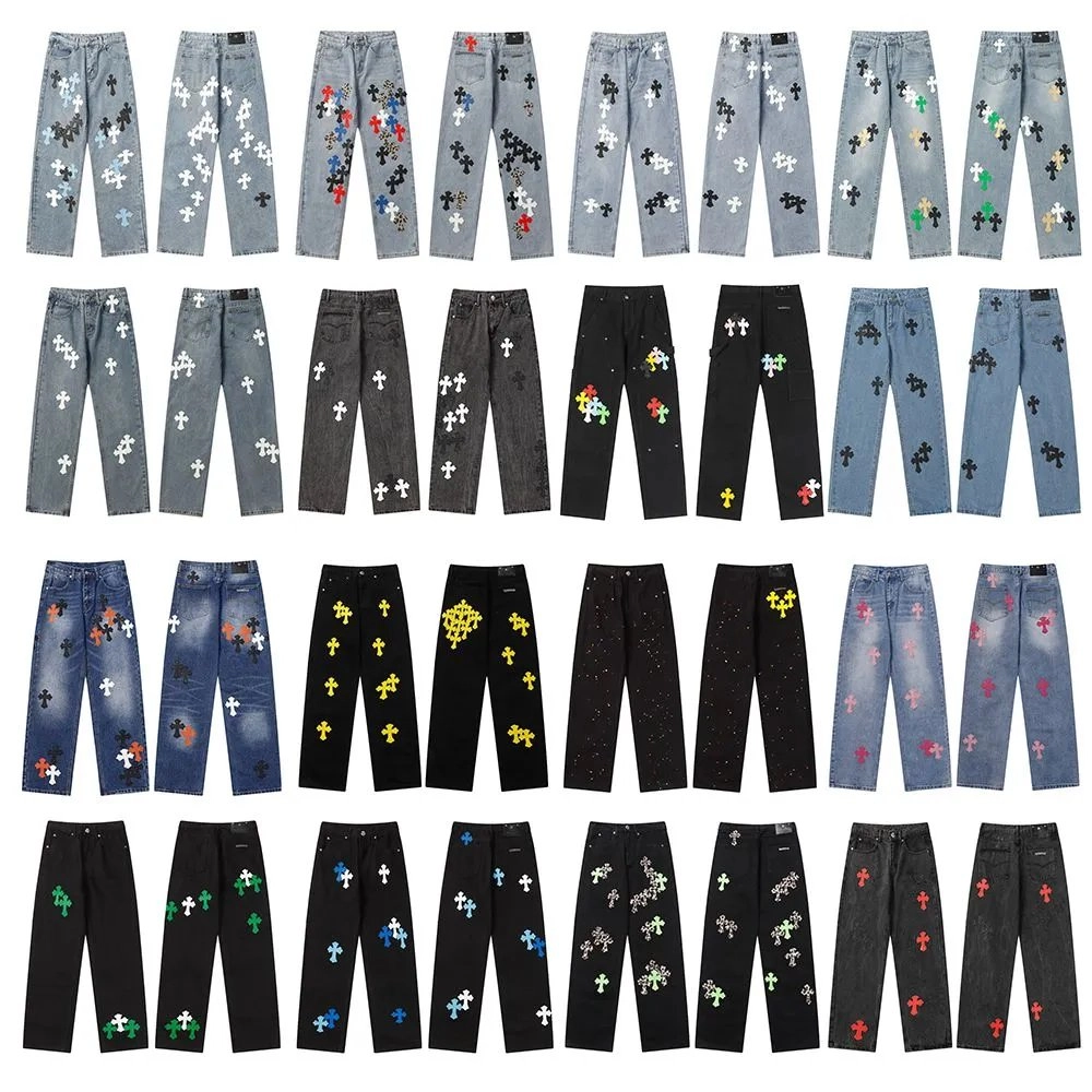 Cross Embroidered Cross Motif Denim Jeans - Multi-Color Patchwork