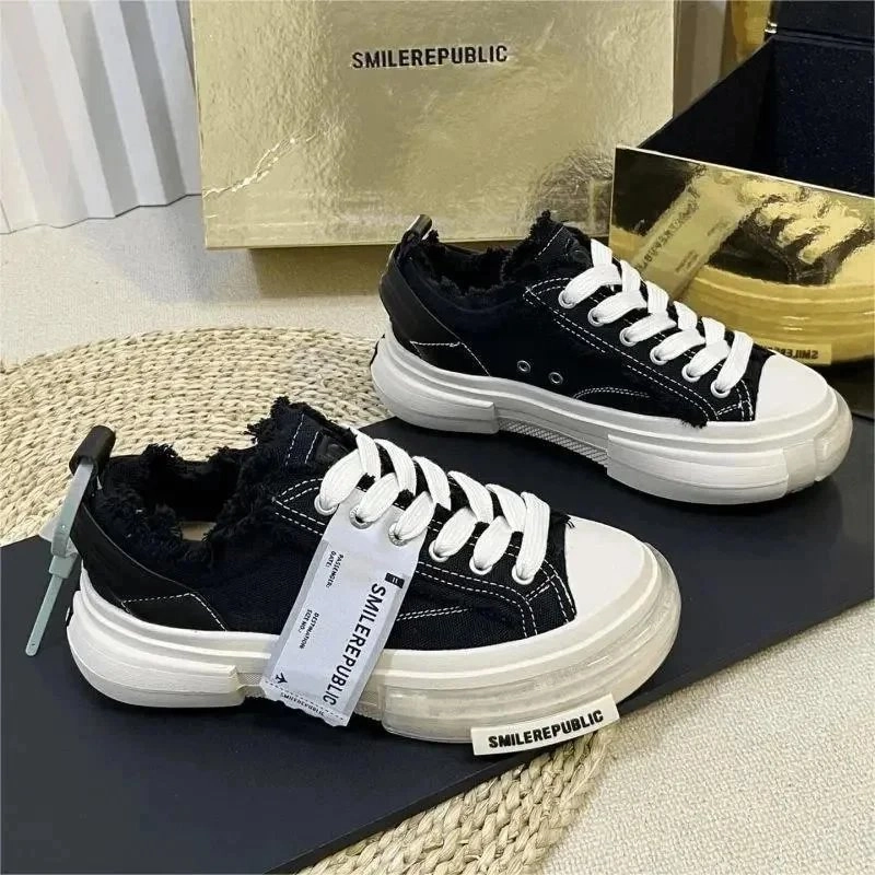 SMILEREPUBLIC Distressed Black Canvas Platform Sneakers