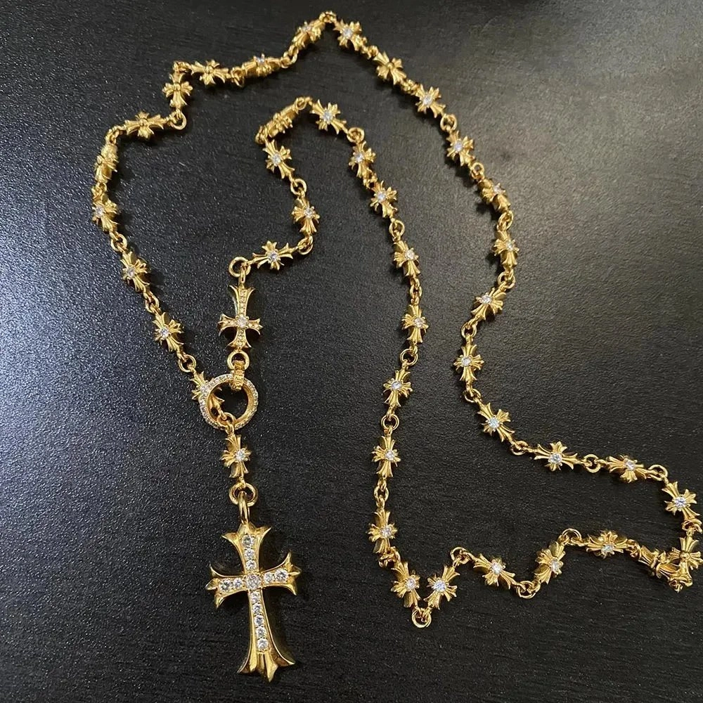 Chrome Hearts Gold Cross Pendant Necklace with Diamond-Embellished Floral Links