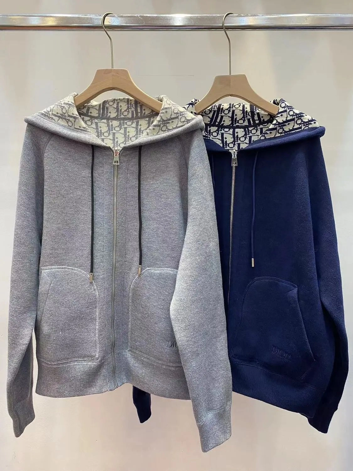 Dior Oblique Print Hooded Zip-Up Sweatshirt - Gray & Navy