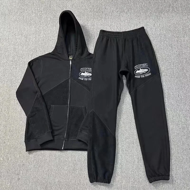 COINHEZ Black Hoodie and Jogger Set with Boat Logo Patch
