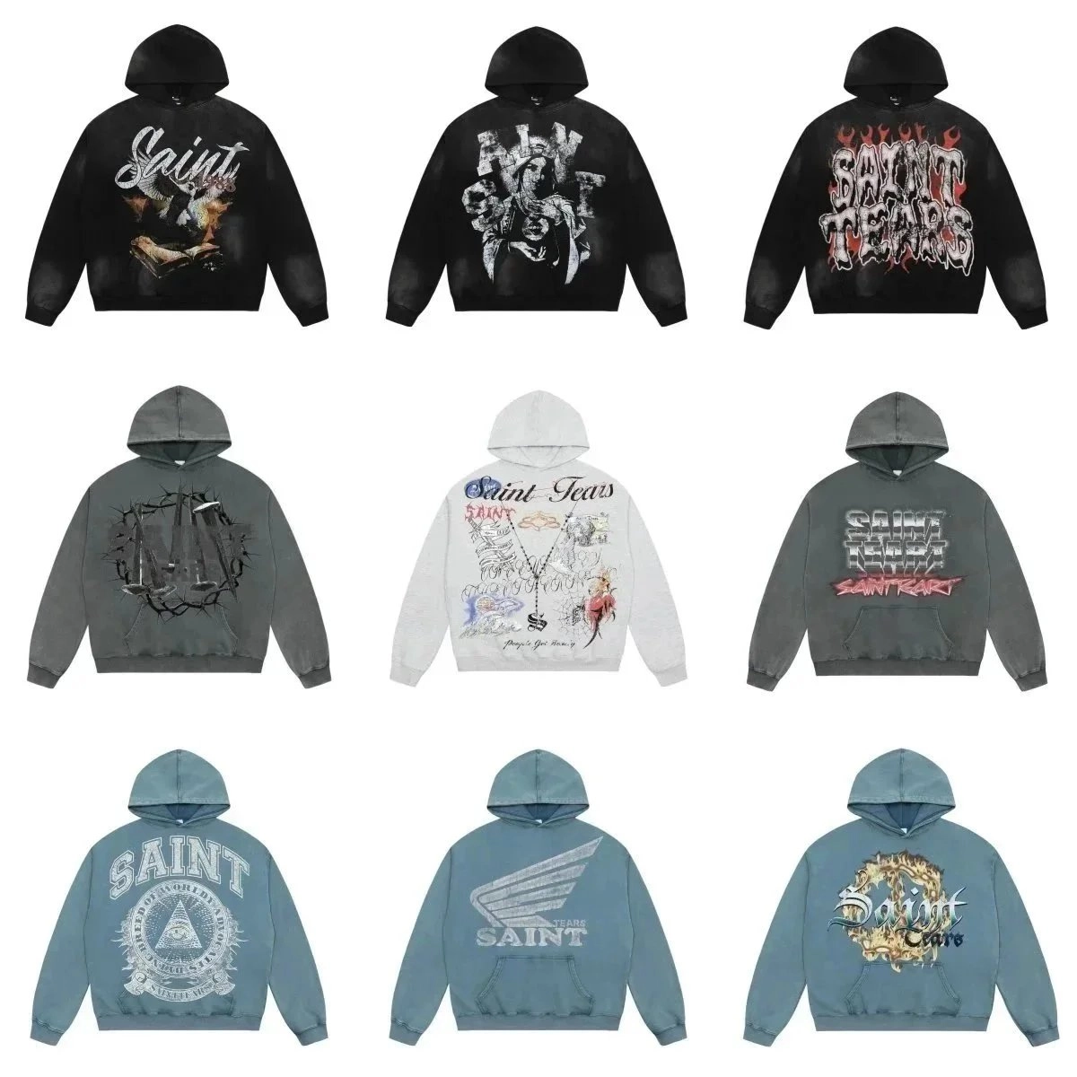 Saint Tears Distressed Black Hoodie with Flame Graphic