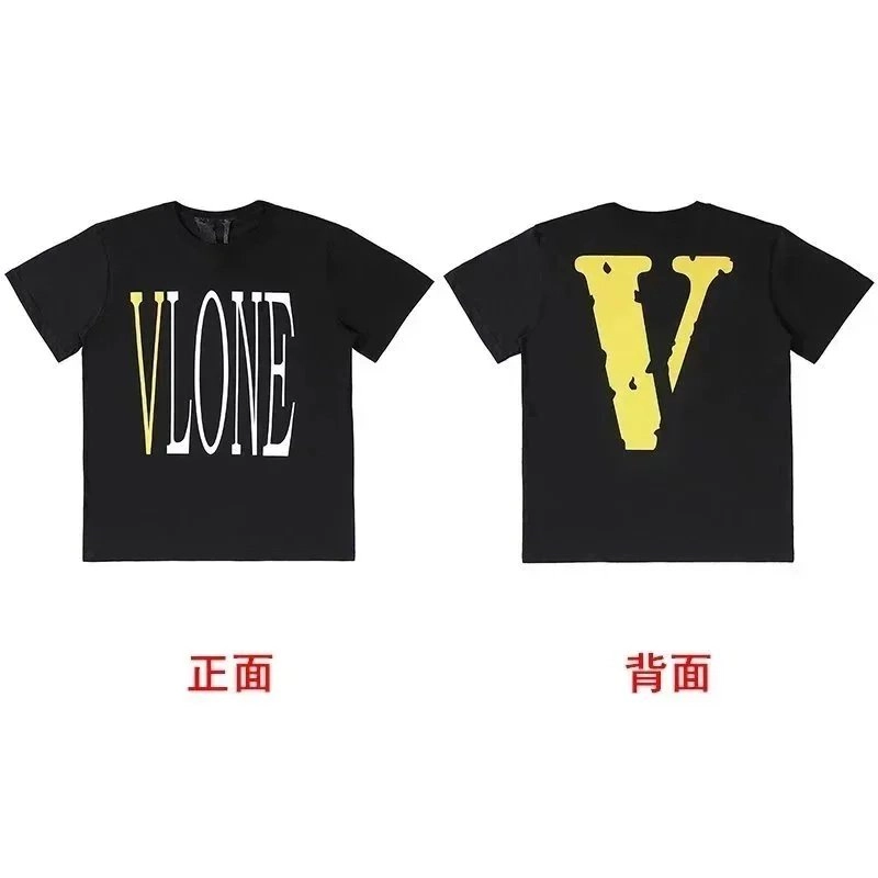 Vlone Black T-Shirt with Yellow and White Logo Front and Back