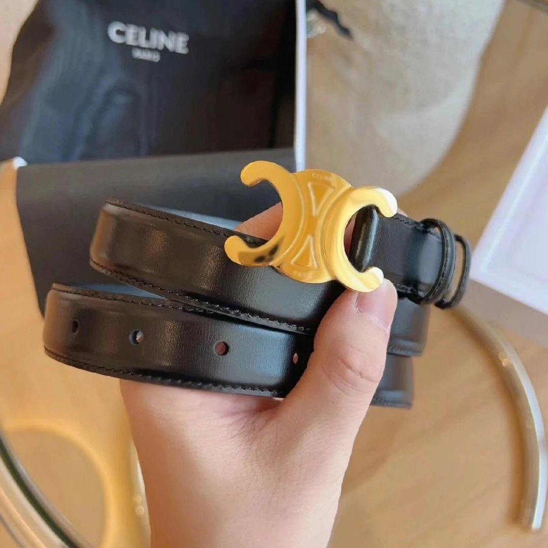 Celine Triomphe Gold Buckle Black Leather Belt
