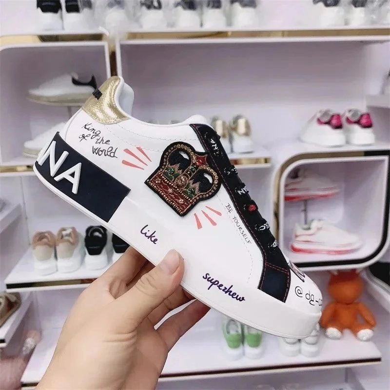 Supershew Crown Embroidery White Sneaker with Gold Heel