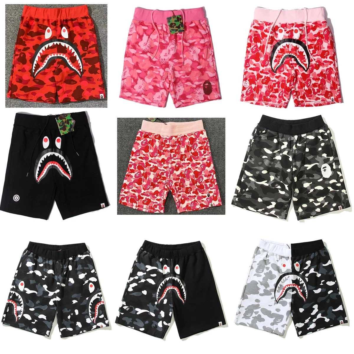 BAPE Shark Camo Shorts Red Orange Camouflage with Iconic Shark Mouth