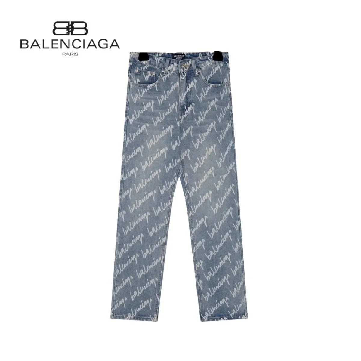 Balenciaga Logo-Print Straight-Leg Denim Jeans Light Blue