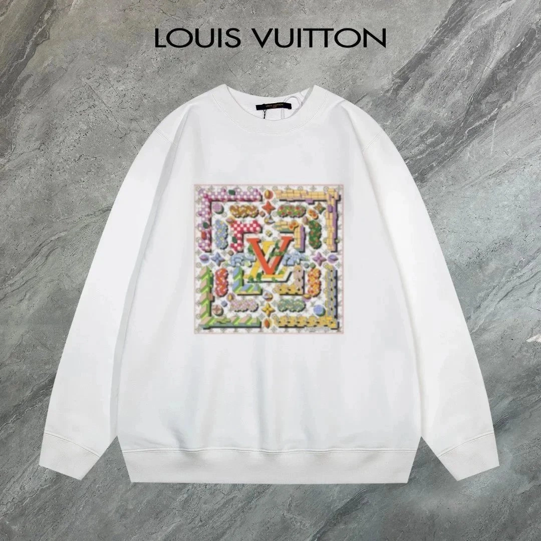 Louis Vuitton White Crewneck Sweatshirt with Colorful LV Patch Print