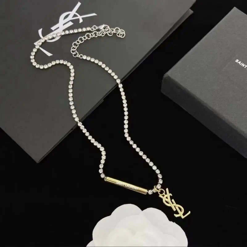 Saint Laurent Monogram YSL Pendant Crystal Chain Necklace Gold