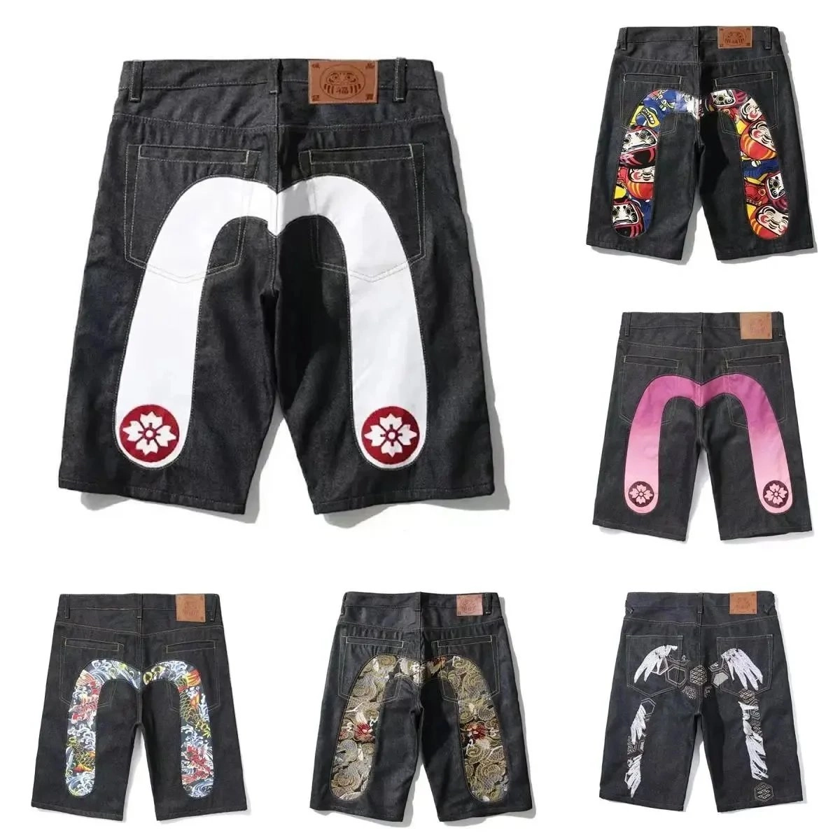 Evisu Fujiyama Denim Shorts with White M-Logo and Cherry Blossom Patches