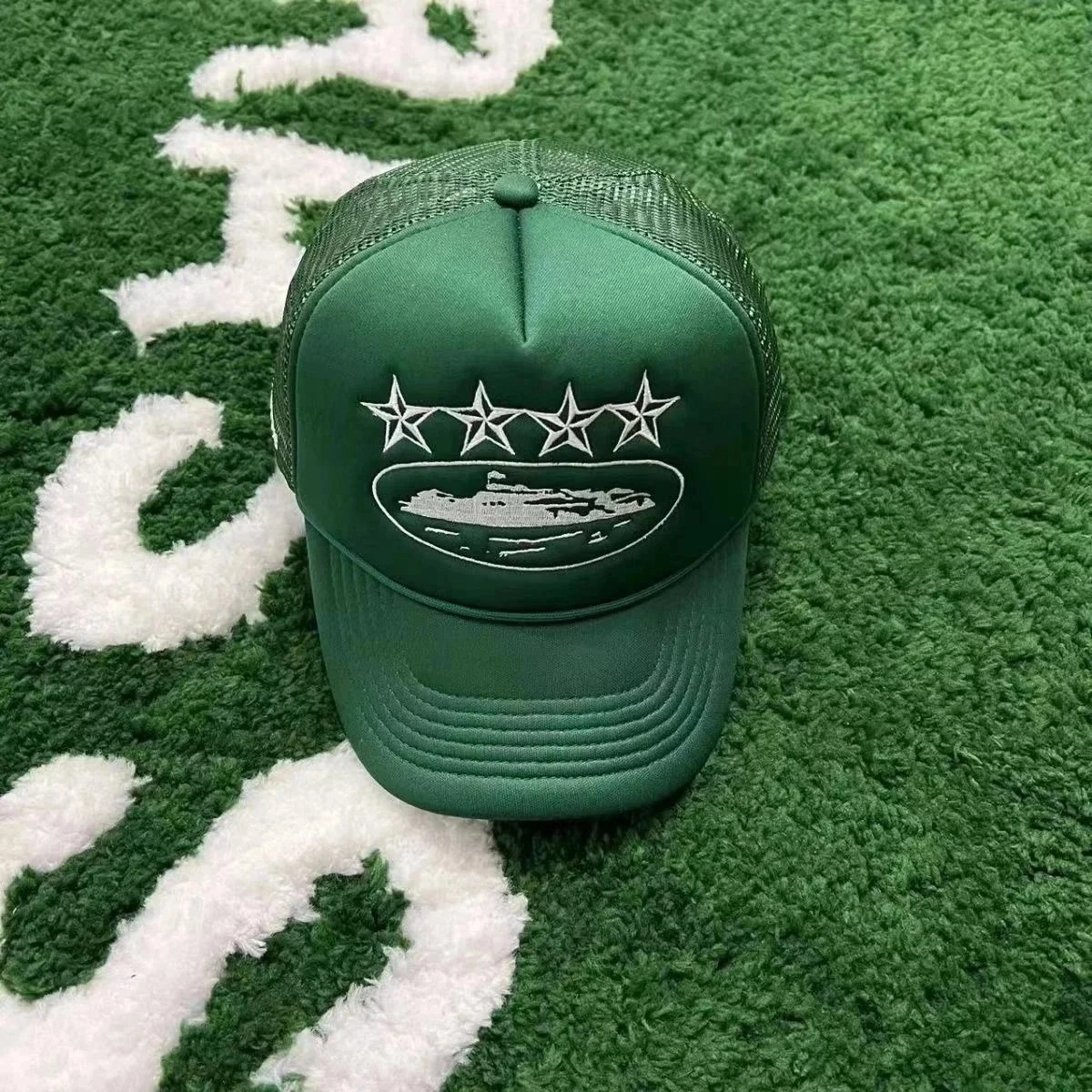 Green Mesh Trucker Hat with Four Stars and Submarine Embroidery