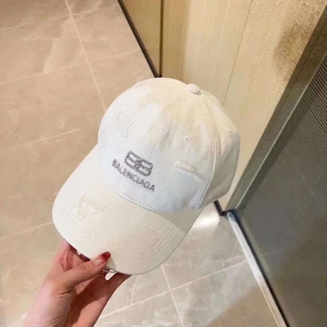 Balenciaga Distressed White Denim Baseball Cap with Logo Embroidery