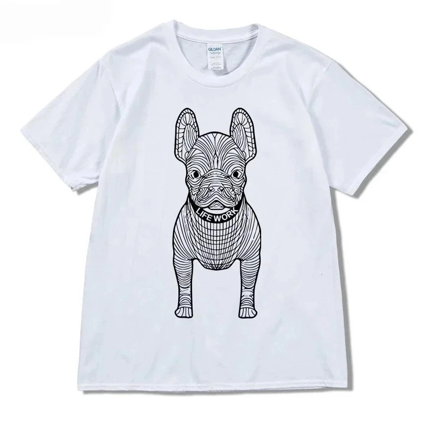 Gildan White T-Shirt with Line-Art French Bulldog Graphic