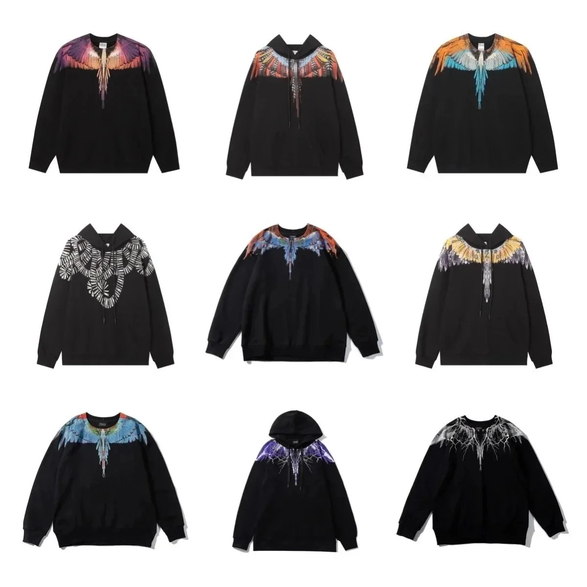 Marcelo Burlon Black Hoodie with Multicolor Wing Print