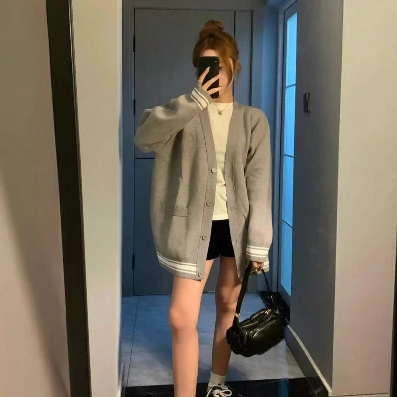 Oversized Gray Cardigan with White Striped Cuffs and Hem