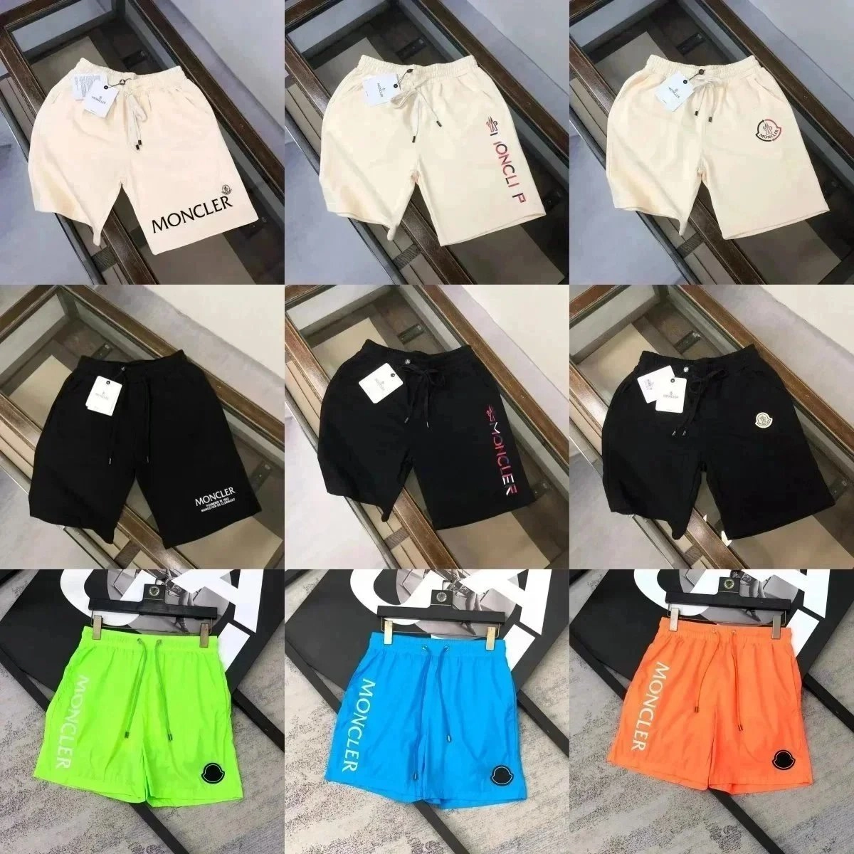 Moncler Logo Embroidered Drawstring Shorts - Beige Black Neon