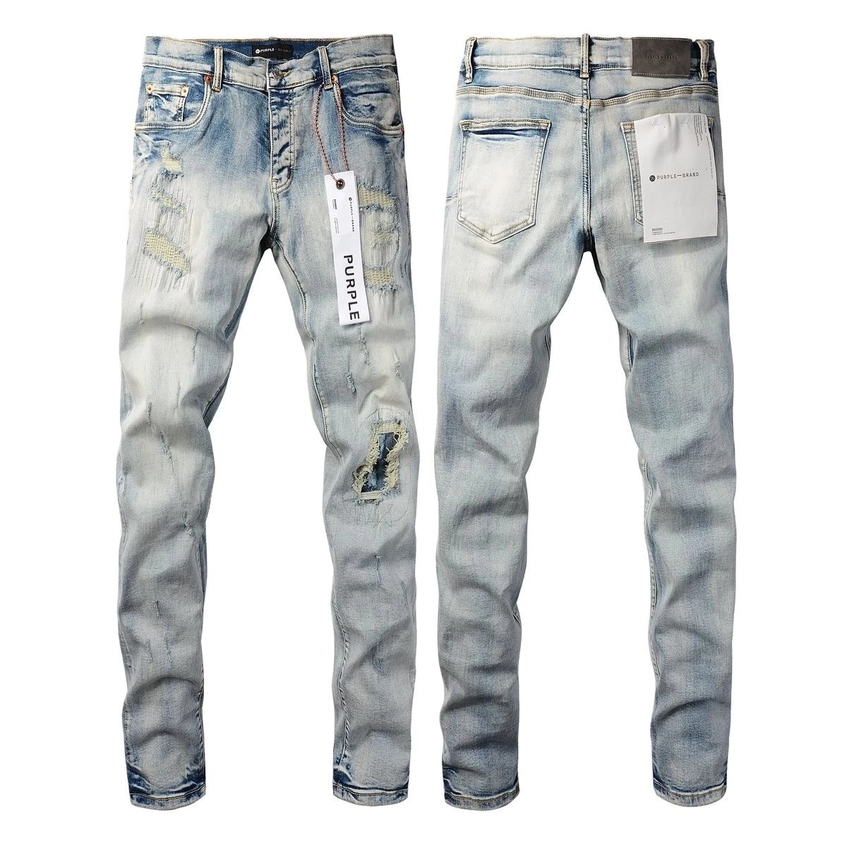 Purple Brand Distressed Light Wash Slim Fit Jeans with Ripped Details