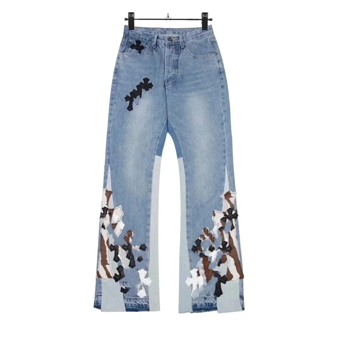 Chrome Hearts Distressed Cross-Embroidered Flare Jeans - Light Wash