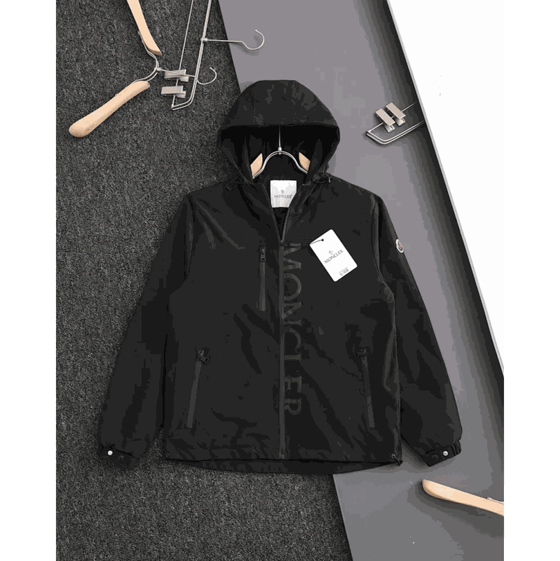 Moncler Black Hooded Windbreaker Jacket with Logo Print