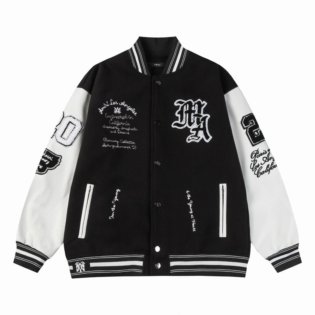 AMIRI Black-and-White Varsity Jacket with Embroidered Logos and Text