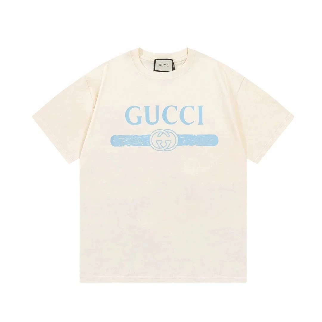Gucci Off-White T-Shirt with Light Blue Belt Logo Print