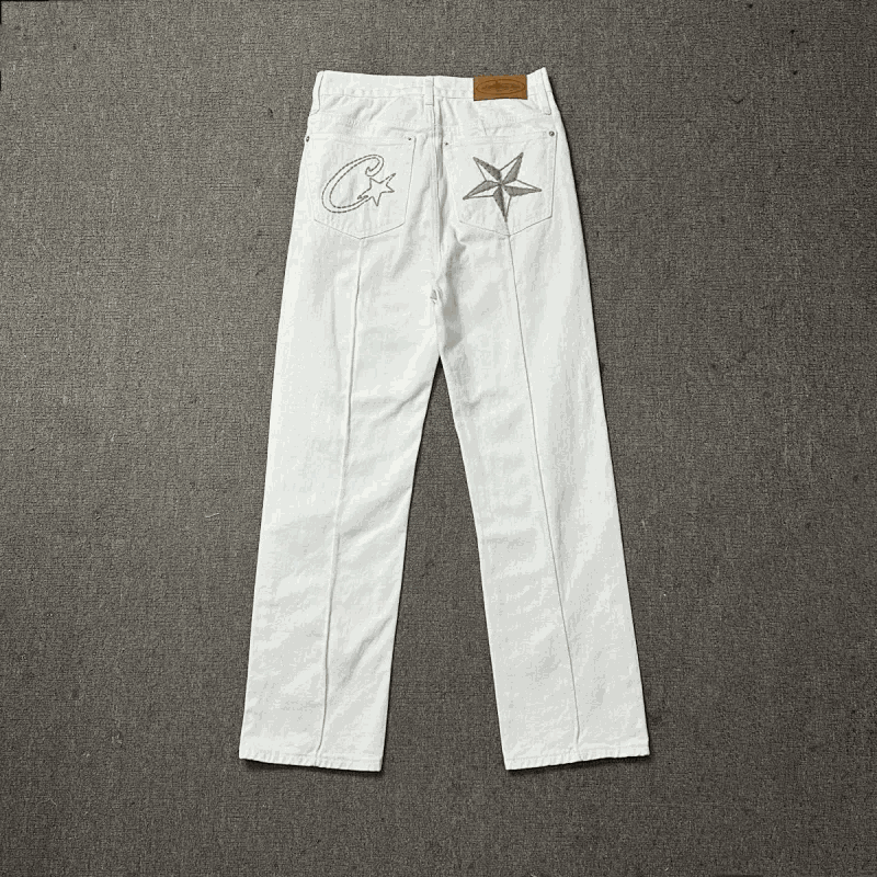 C2H4 White Denim Pants with Embroidered Star and C Logo