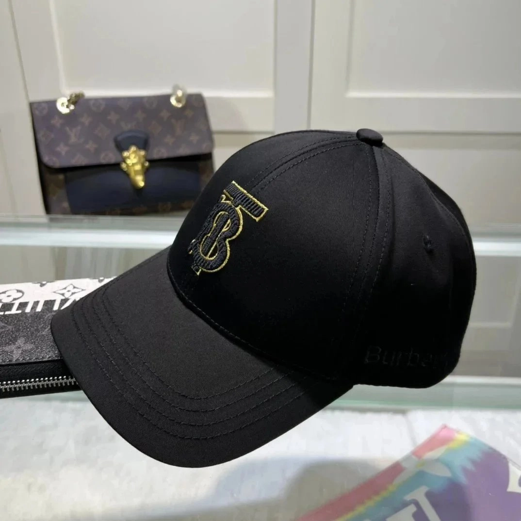 Burberry Monogram-Embroidered Black Baseball Cap with Gold Trim