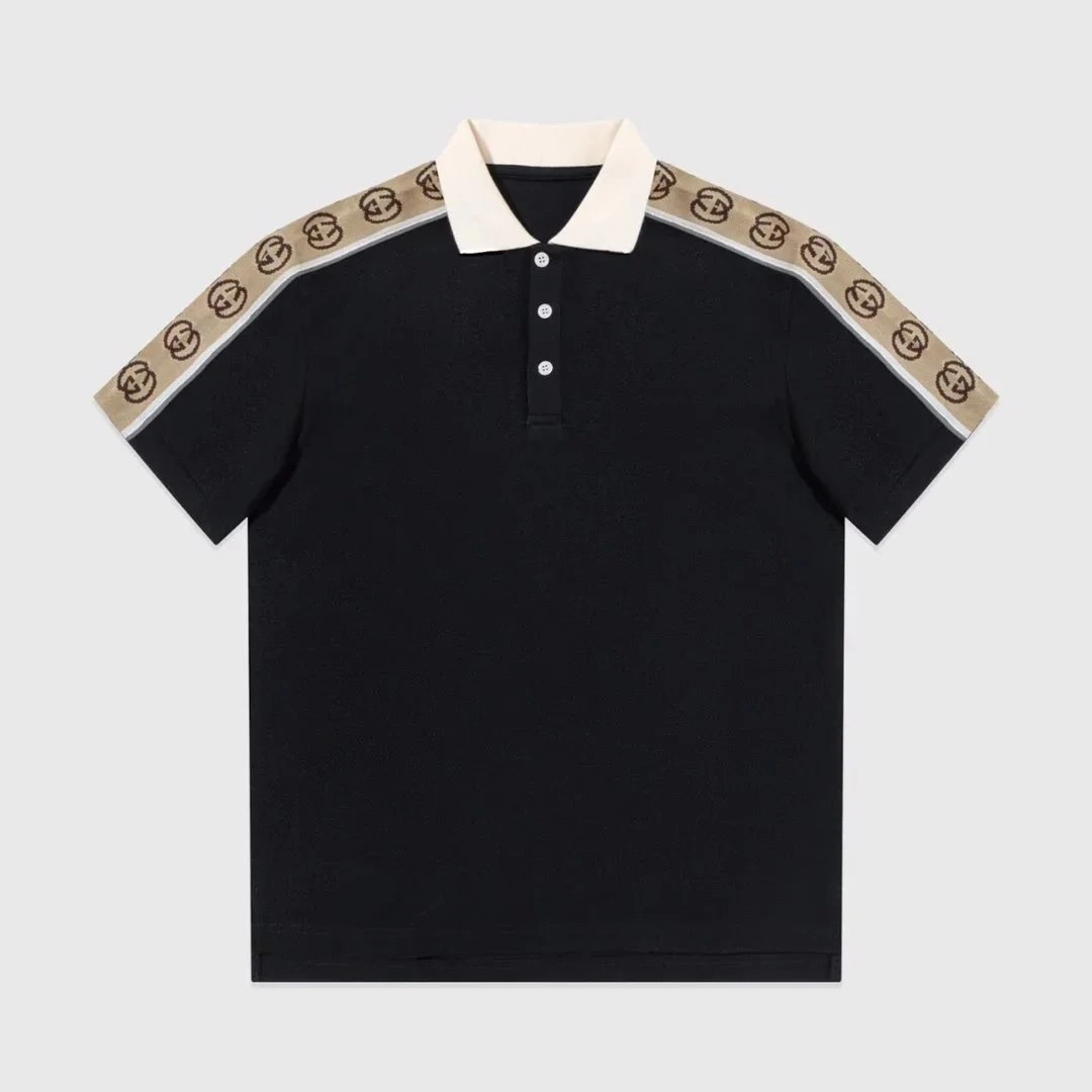Gucci Black Polo Shirt with Beige GG Web Trim and Contrast Collar