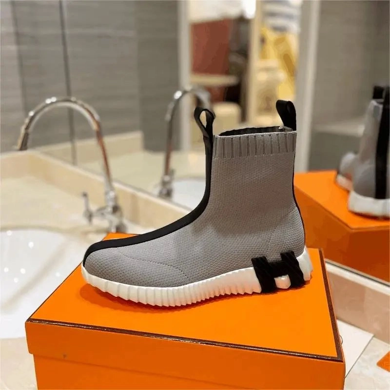 Herm&egrave;s Oran Sock Boot Gray Knit with Black H-Strap White Sole
