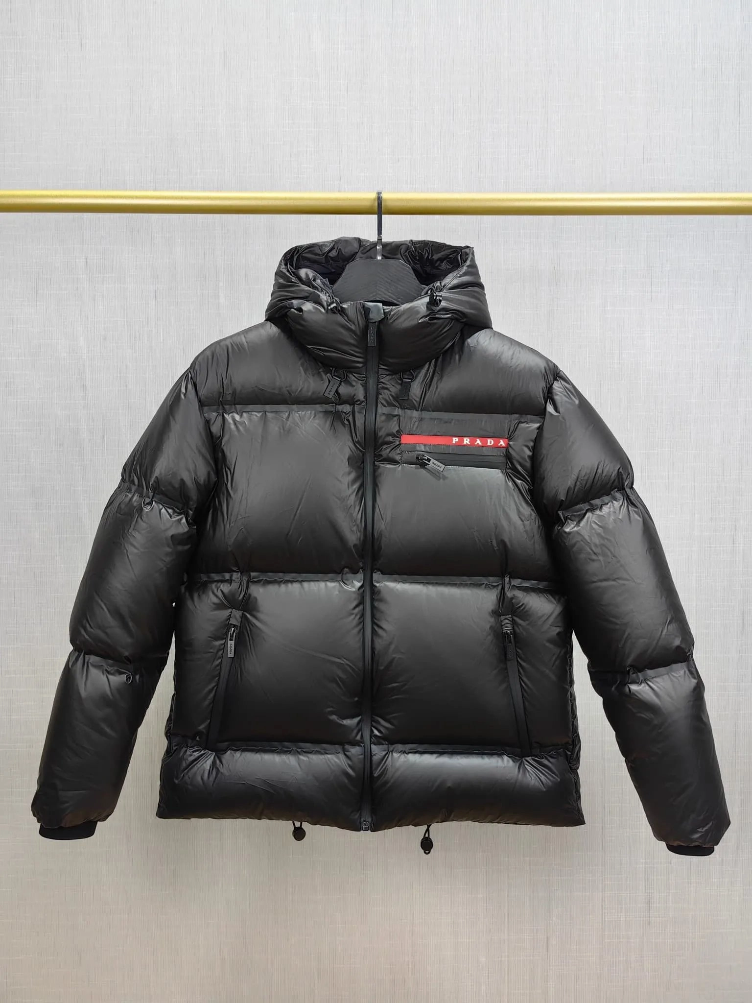 Prada Re-Nylon Puffer Jacket Black with Red Logo Tape