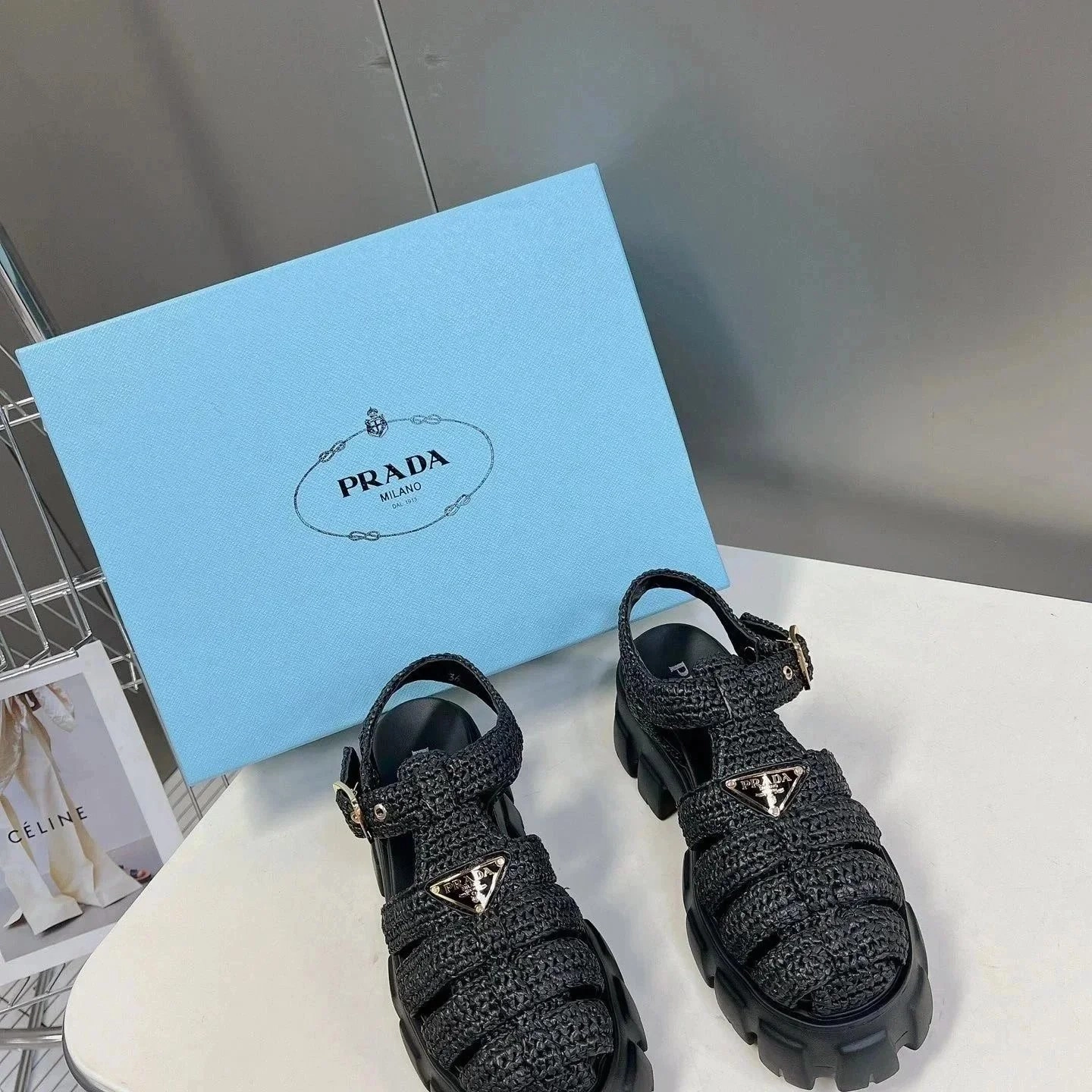 Prada Black Woven Leather Chunky Sandals with Triangle Logo
