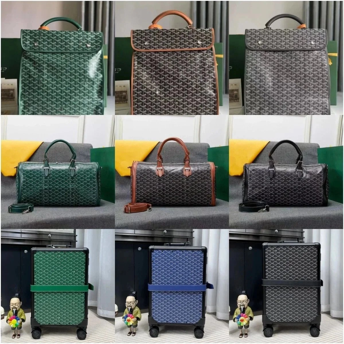 Goyard Saint-Louis PM Tote Bag in Green Chevron Canvas with Leather Trim