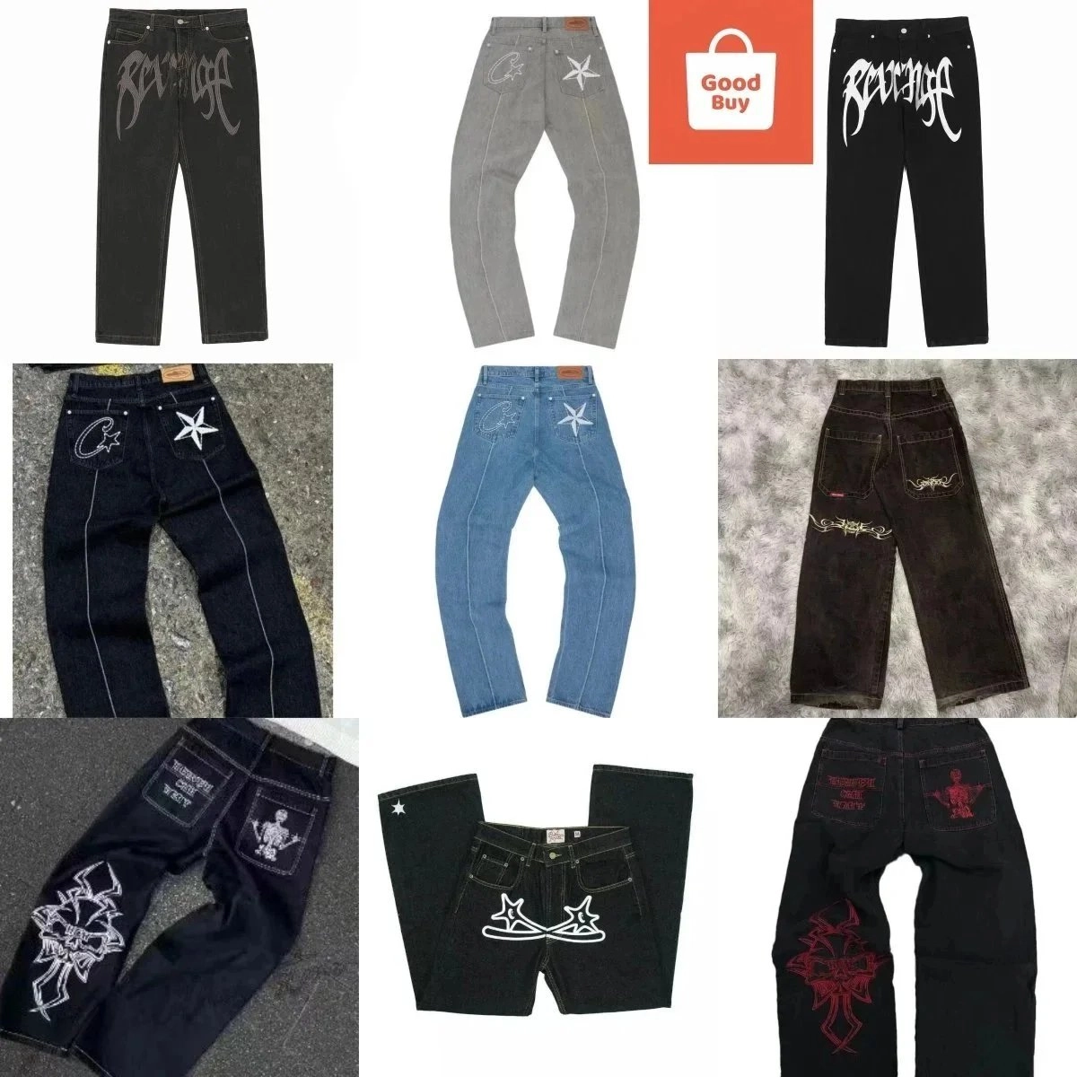 Revival Star-Embroidered Straight Fit Denim Pants - Black