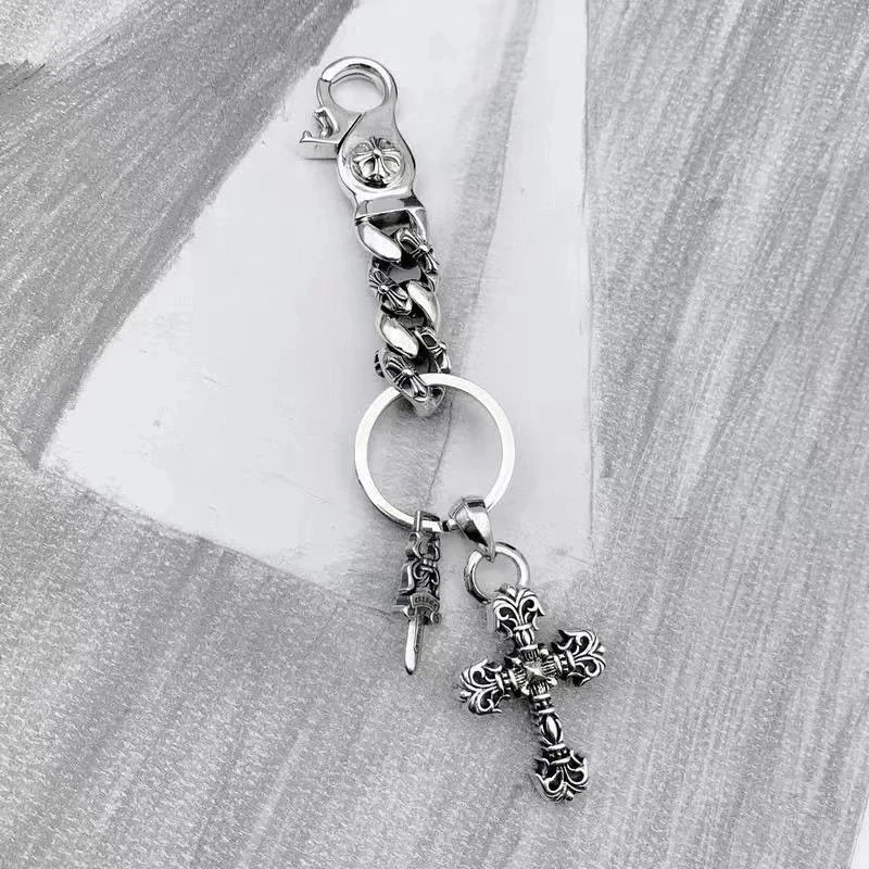 Chrome Hearts Silver Cross Keychain with Sword Charm and Chain Link