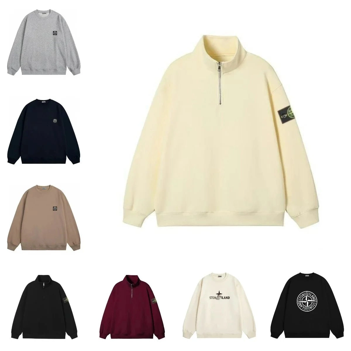 Stone Island Half-Zip Crewneck Sweatshirt Cream with Logo Patch