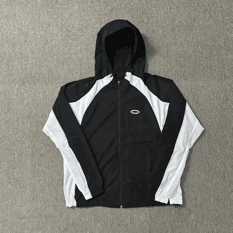 Black-White Panelled Hooded Windbreaker Jacket with Logo