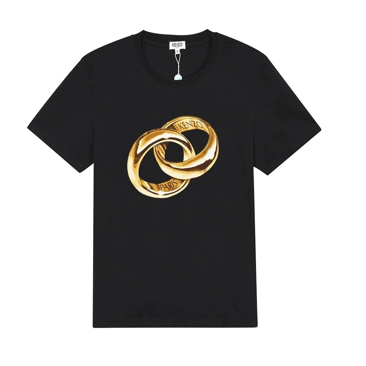 KENZO Black T-Shirt with Gold Interlocking Rings Print