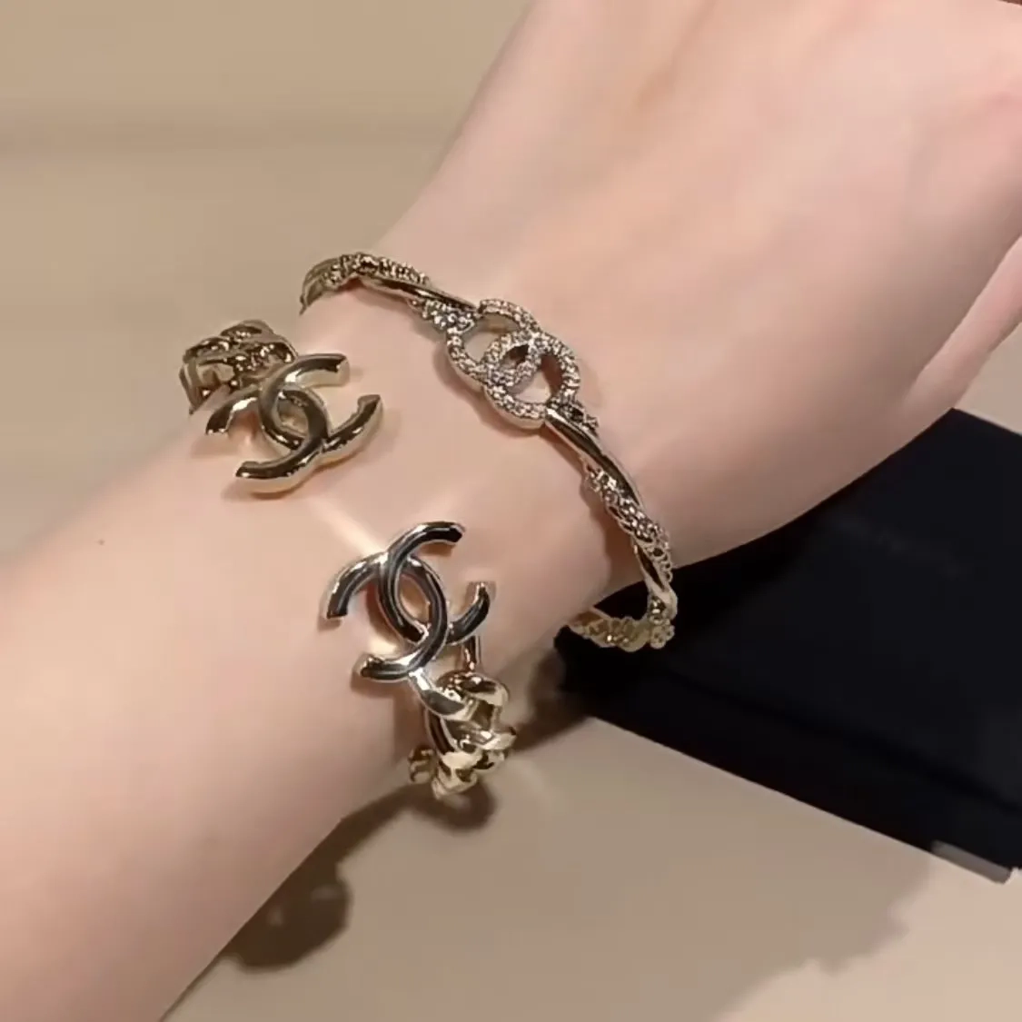 Chanel CC Logo Crystal-Embellished Silver-Tone Bracelet Set
