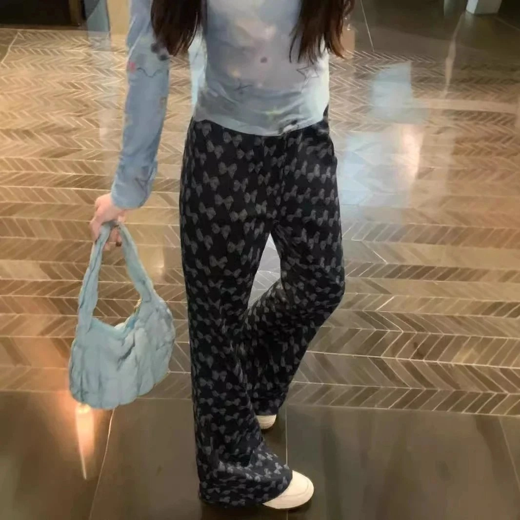 Butterfly-Print Wide-Leg Lounge Pants - Charcoal Gray