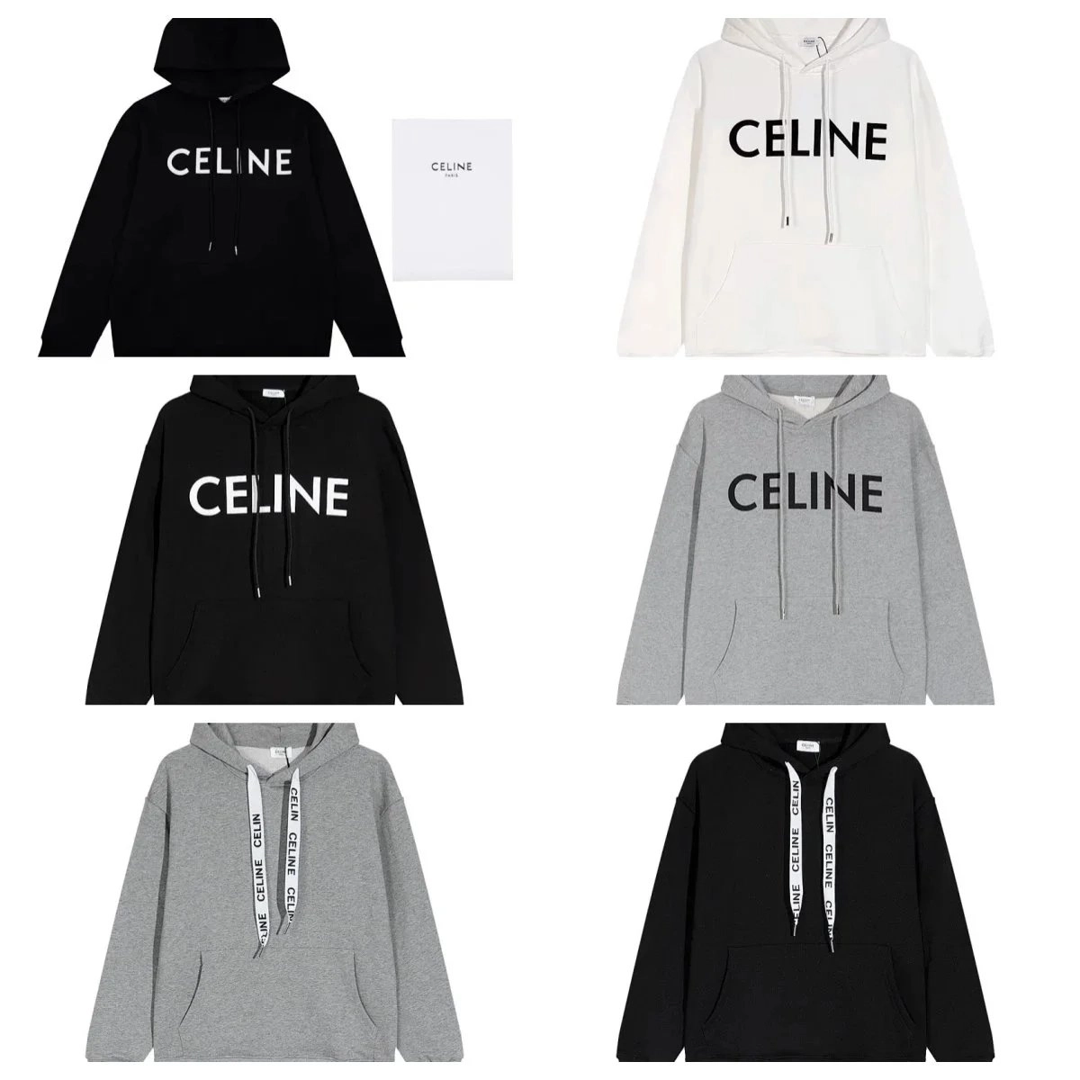CELINE Logo Hoodie Oversized Cotton Sweatshirt Black White Gray